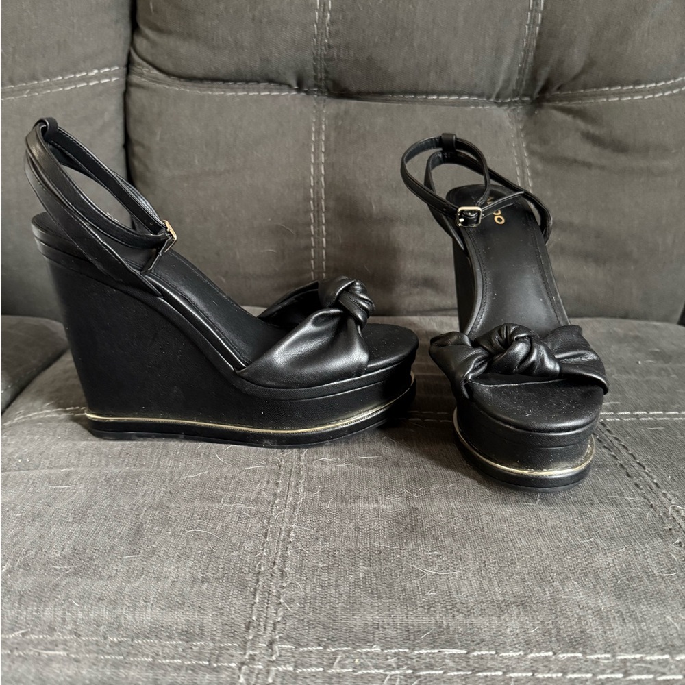 Aldo Black and Gold Wedge Sandals